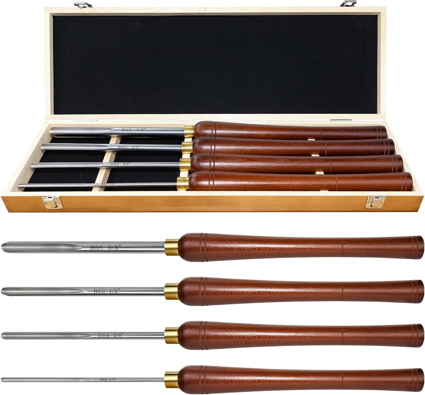 4Pcs HSS Bowl Gouge Lathe Chisel Set with Side Grind, 1/4", 3/8", 1/2" and 5/8" Spindle Gouge for woodturning,Wood Lathe Bowl Turning Tools with Wooden Box