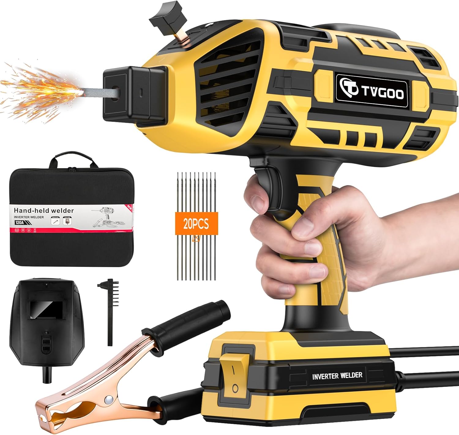 Tvgoo Portable Handheld Welding Machine - 110V IGBT Inverter Handheld Welder, 20-120A Portable ARC Welder with 5 Variable Current Adjustments,Hot Start & Anti-Stick for 3\/32"-1\/8" Welding Rods(Yellow)
