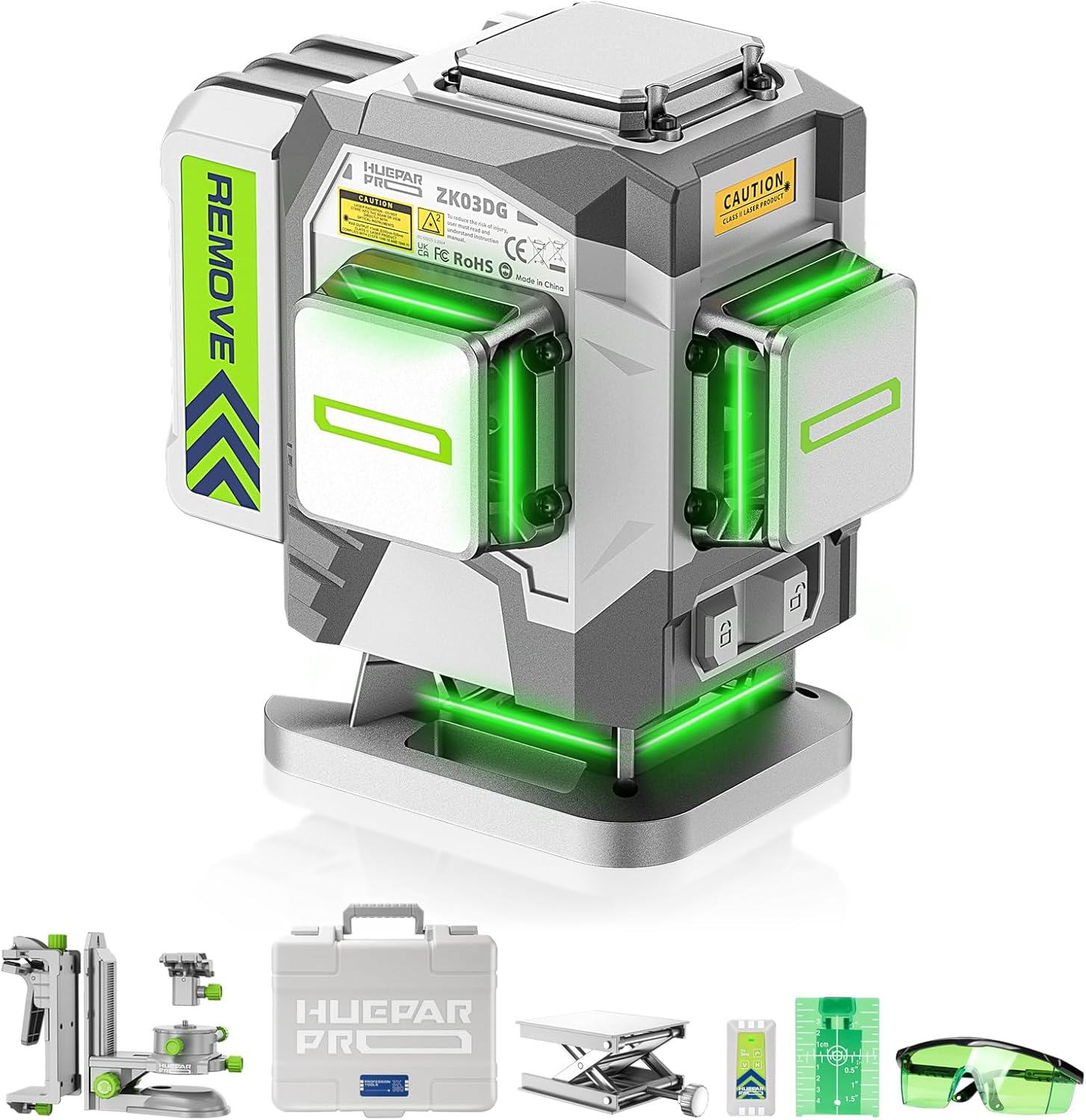 HueparPro Laser Level 3D Self Leveling Green Beam Tiling Laser Tool, 12 Lines Highly Accurate Professional Floor Laser with 8000mAh Rechargeable Li-ion Battery, Magnetic Bracket and Hard Case ZK03DG