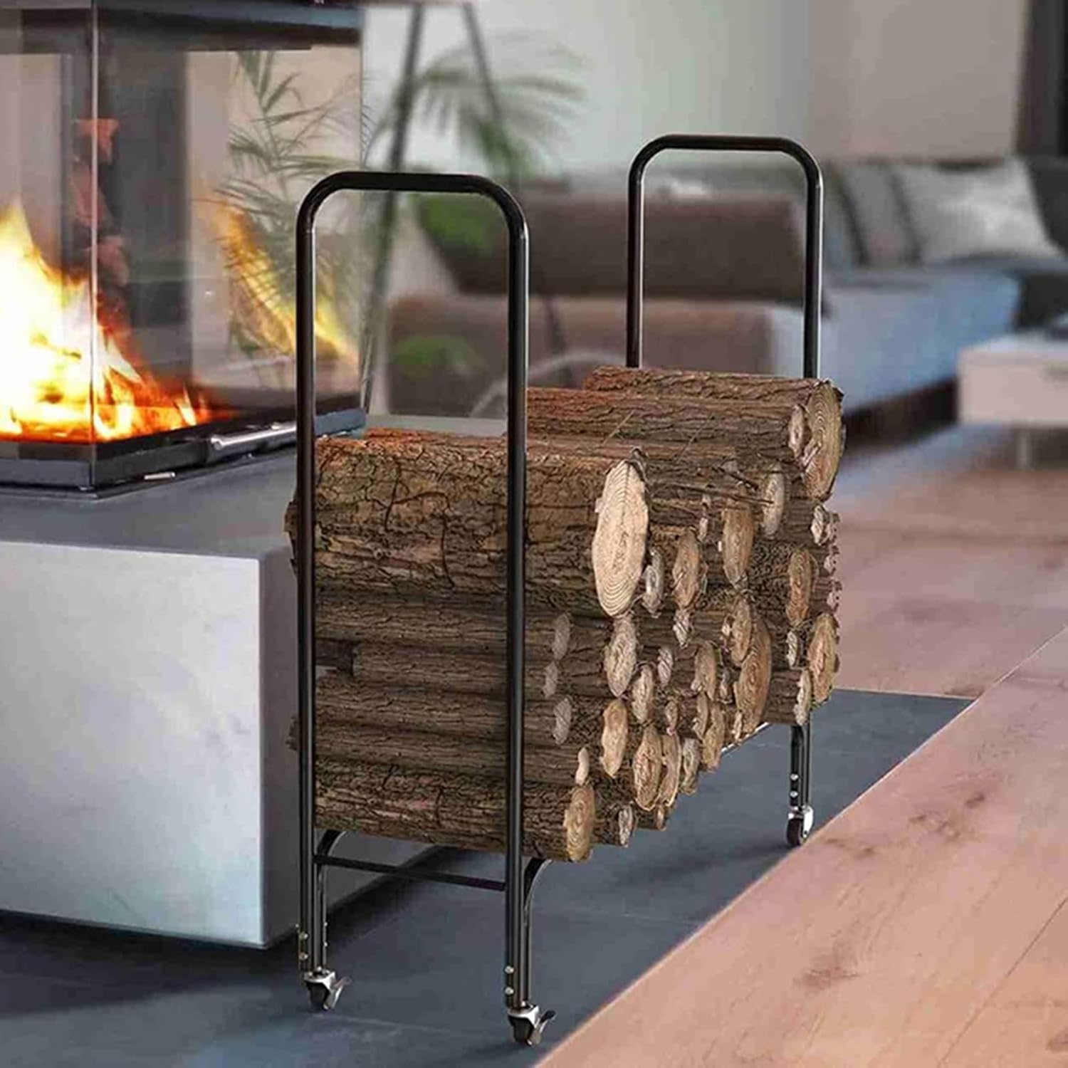 Floor Standing Firewood Log Rack with Wheels, 122×30×115cm, Cast Iron Fire Wood Holder for Back Yard Deck/Family Room(