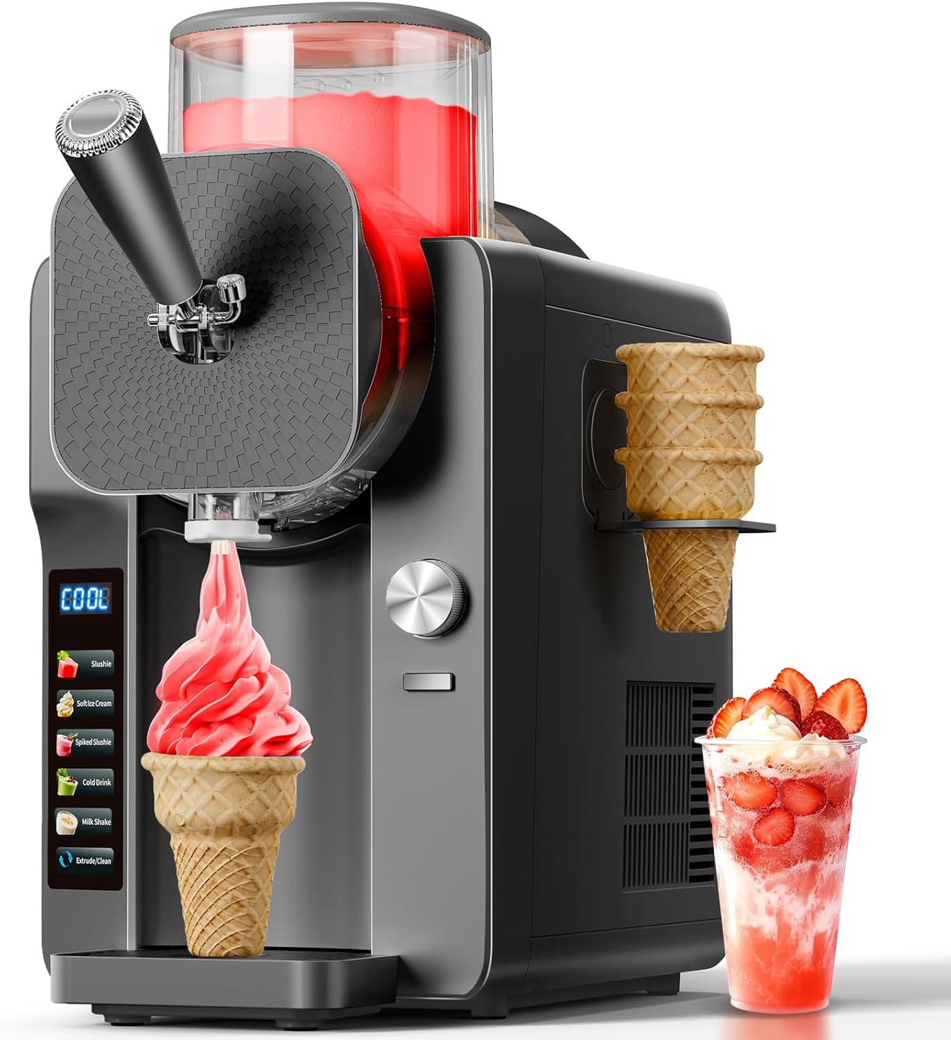 2-IN-1 Slush Machine & Ice Cream Maker Machine, 6 Modes for Smoothies, Milkshakes, Cocktails, Margarita, and Ice Cream, Double-Layer Tank, With Ice Cream Cone Holder, Self-Cleaning, For Home Use, Grey