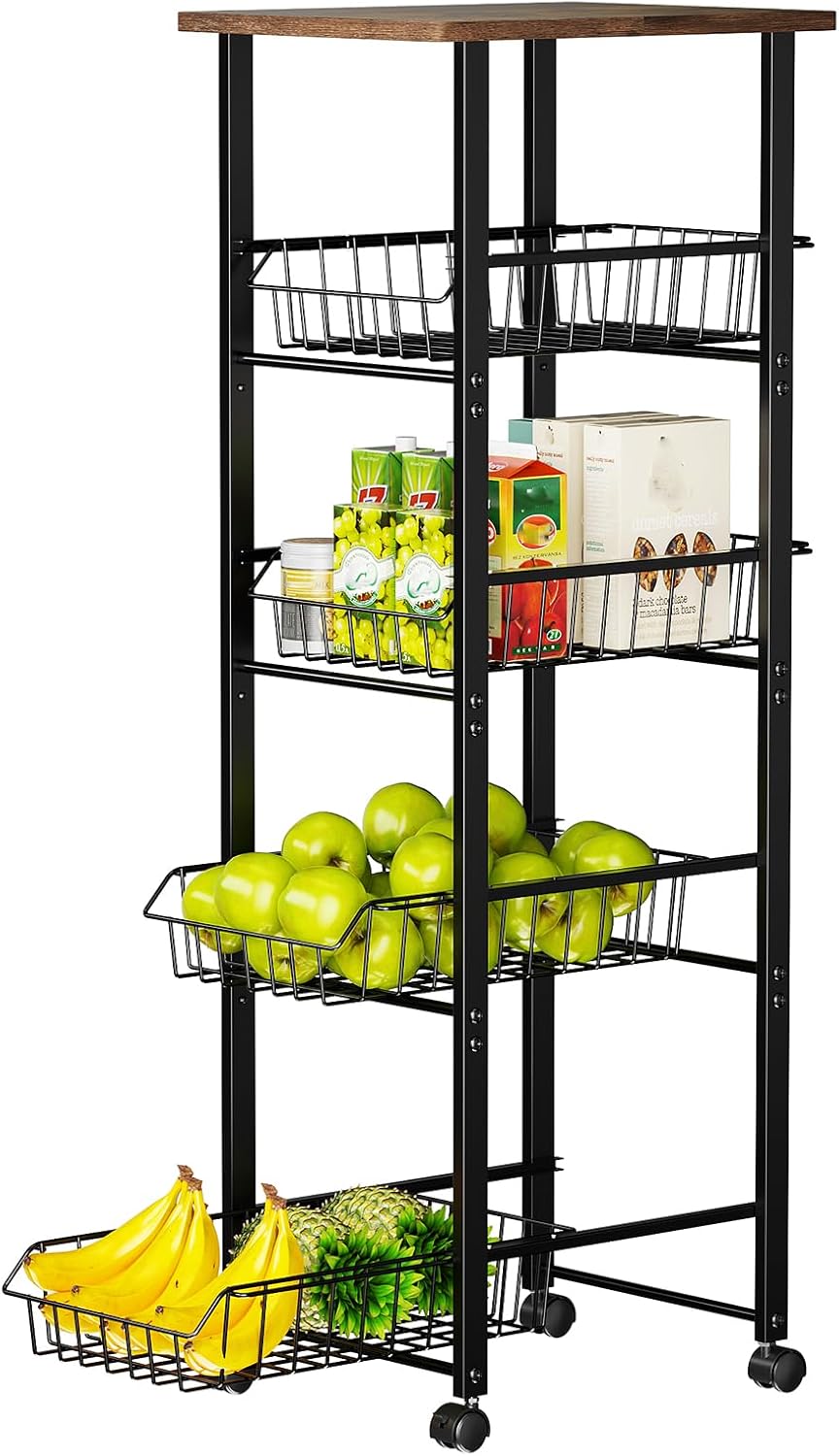 Delamu Fruit Vegetable Basket for Kitchen,5 Tier Kitchen Organizer and Storage Cart with Wheels,Slide-Out Baskets and Wood Top,Pantry Storage cart W11-4\/5*D16-7\/16*H42-7\/16