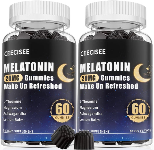 20mg Melatonin Gummies for Women Men: Sugar Free Maximum Strength Supplement with Vitamins B6 B12 Magnesium Ashwagandha L-Theanine Chamomile for Natural Zzz - Non-GMO for Nighttime Adults(120Count)