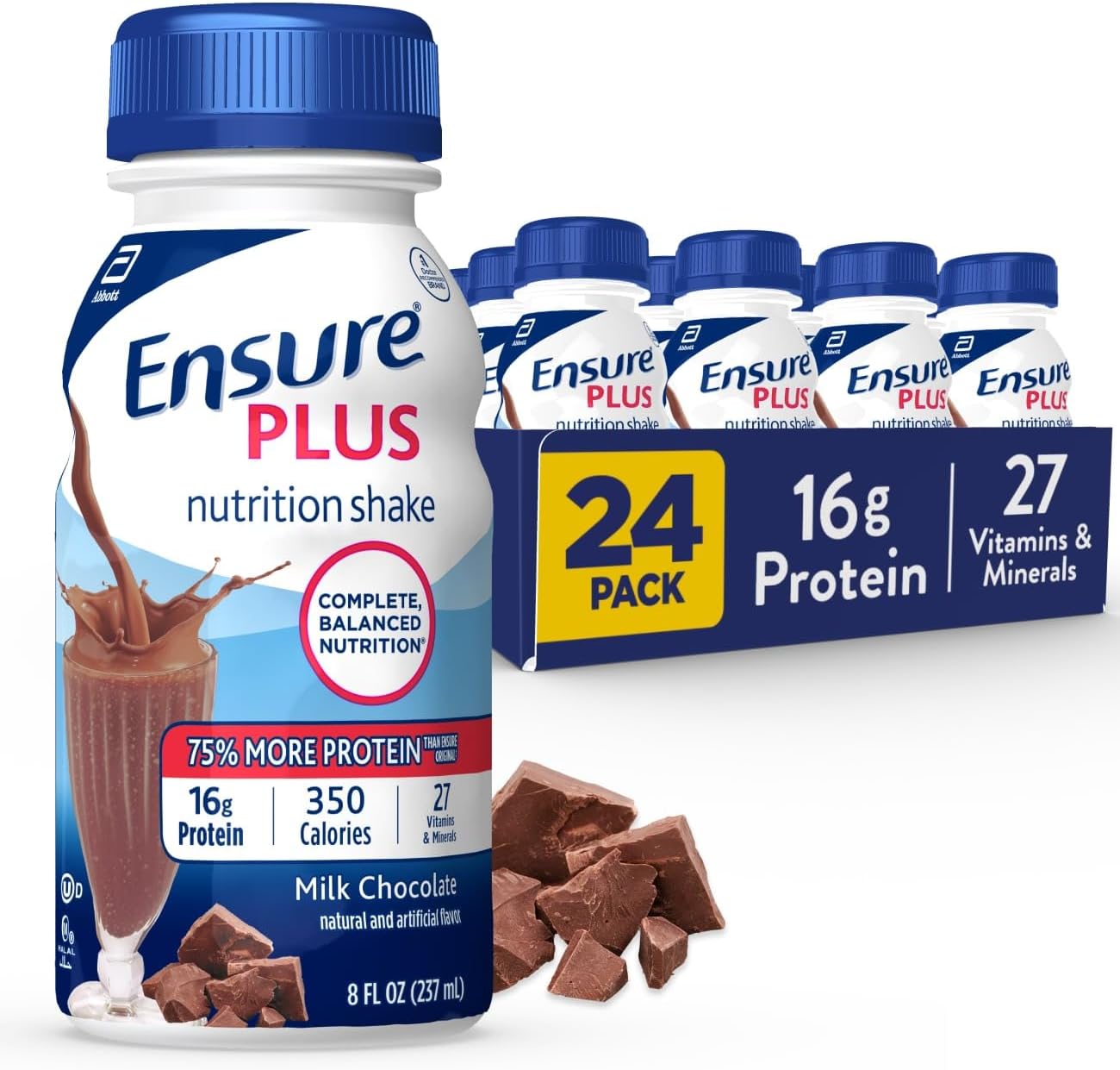 Ensure Plus Nutrition Shake With 16 Grams of Protein, Meal Replacement Shakes, Milk Chocolate, 8 Fl Oz (Pack of 24)