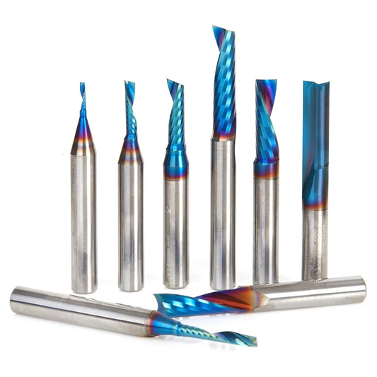 Amana Tool Spektra Coated Solid Carbide Spiral O Flute CNC Router Bit Set, AMS-165-K 8-Pc, 1/4 Inch Shank