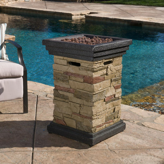 19.50'' Outdoor Firepit with Column Shape, Stone Grey - 40 000 BTU (Tank Inside)