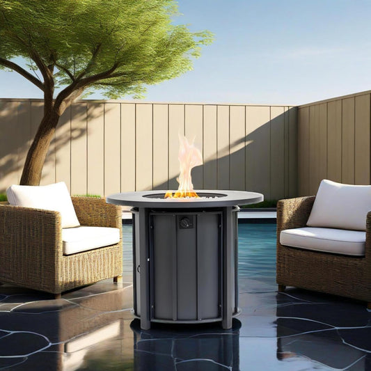 30" Propane Gas Fire Pit Table, 50000 BTU Round Steel Fire Pit with Wood Grain Ceramic Tabletop for Outside Patio Deck Garden Backyard- Black