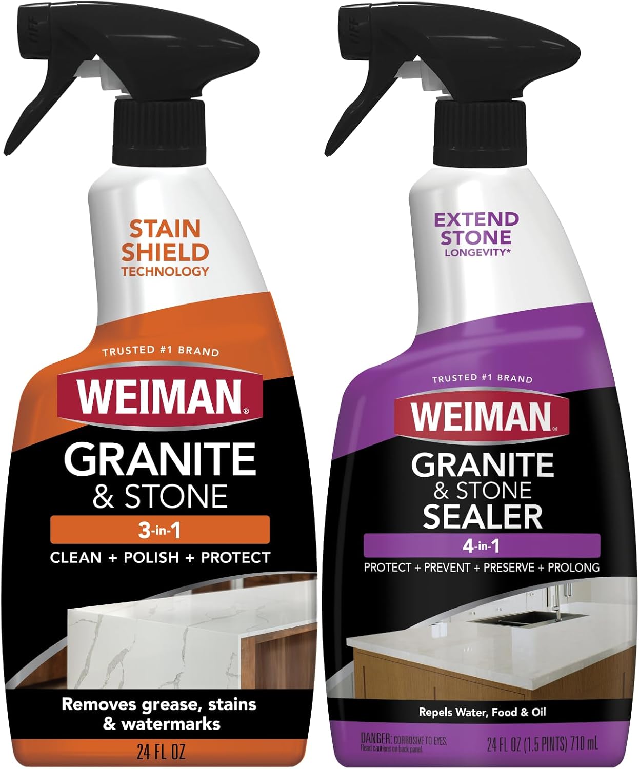Weiman Complete Countertop Clean & Protect Kit - For Granite, Marble, Quartz & Stone - Granite & Stone Cleaner and Polish - 24 oz, Granite & Stone Sealer -24 oz