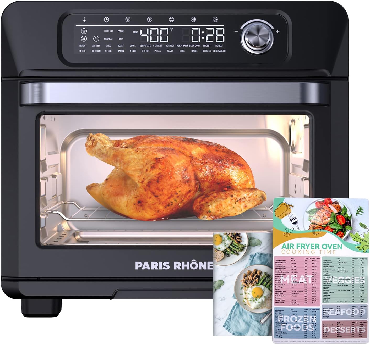 Air Fryer Toaster Oven Combo, Paris Rhône 24-in-1 Countertop Convection Ovens, 26QT Large Rotisserie Cooker with Led Digital Touchscreen, Sensitive Knob, Basket, Rack Tray, Cookbook and Magnet Menu