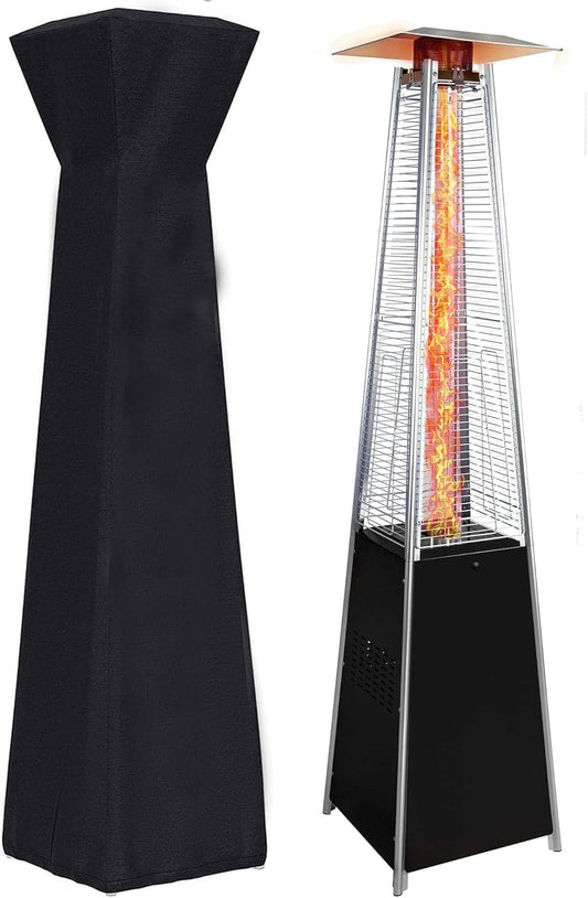 【48,000 BTU Pyramid Patio Heater】Outdoor Propane Heater with Wheels & Cover, 360° Heating for Terrace Garden Poolside, Commercial Residential Use, Stainless Steel Glass Tube Design (Black+Silver)