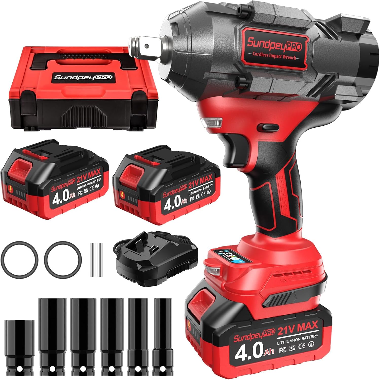 Cordless Impact Wrench 1107Ft-lbs(1500N·m) - 1/2" 21V High Torque Brushless Power Impact Gun with 2x4.0Ah Batteries & 6 Sockets & Fast Charger & Case for Car & Truck & RV & Heavy Duty Use