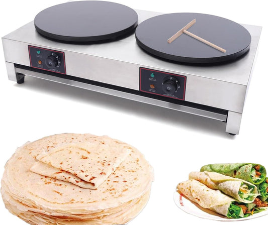 16in Commercial Electric Crepe Maker Double Hotplate Nonstick Pancake Machine Adjustable Temperature Contro 50-300℃(122-572℉) 3.4kw 2-Burners