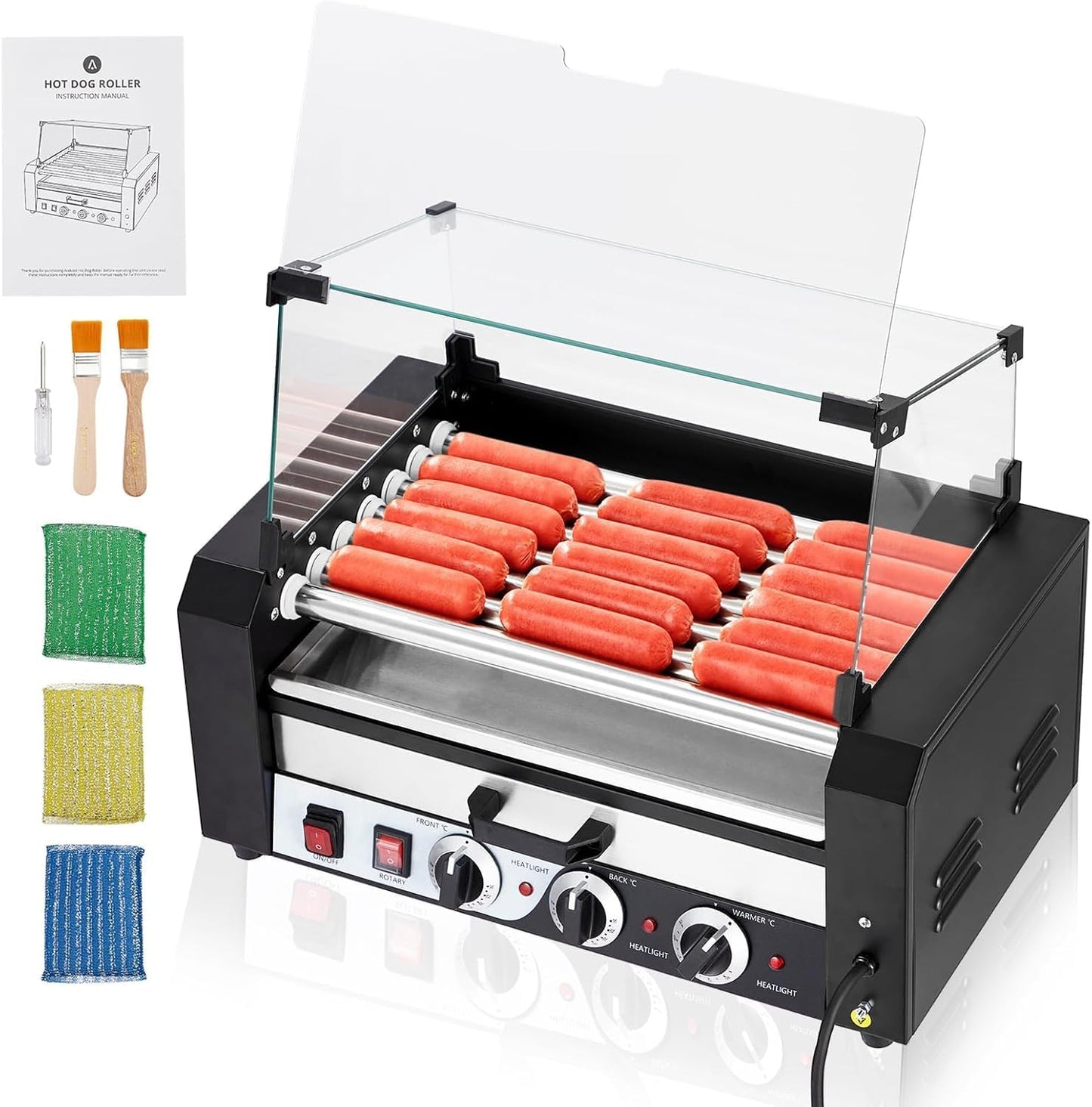 Roller Dog Machine, 18 Hot Dog Capacity 7 Rollers Sausage Grill, 1350W Stainless Steel hotdog roller grill and bun warmer, Glass Lid,Dual Temperature Control,Timer & Drip Tray for Party Home