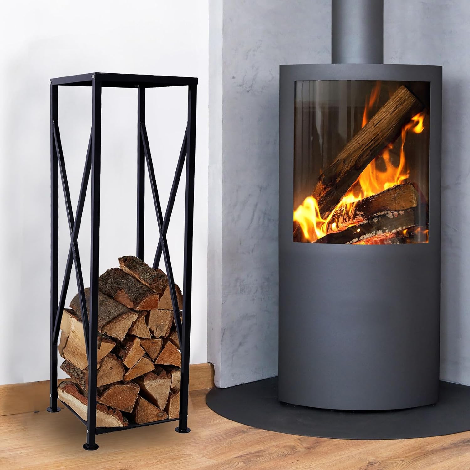 Tzou 43.7\u2019\u2019Tall Firewood Rack Wood Storage Logs Bracket Steel Fireplace Storage Log Rack Holder Fireside Holders for Outdoor Indoor Black 14.5x14.5x43.7inch Black