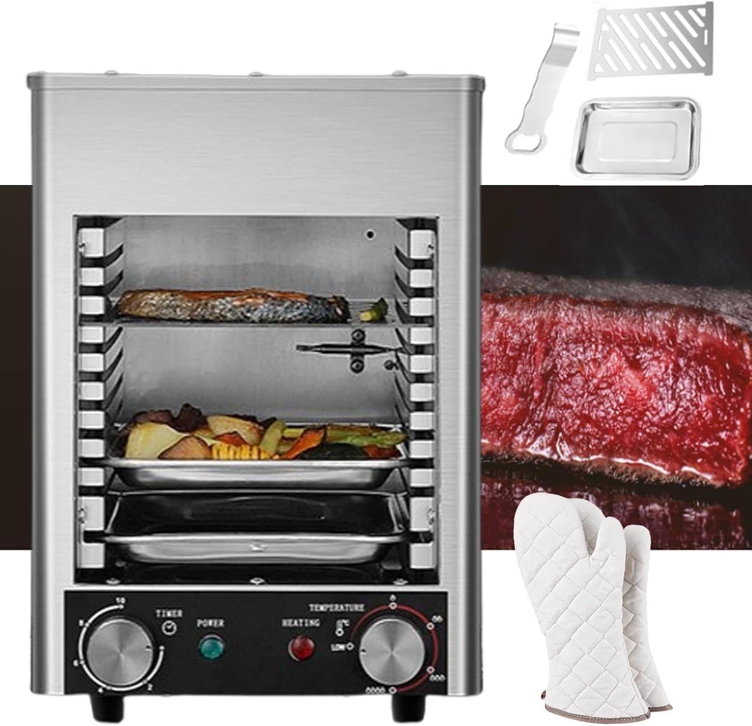 1700w Steak Broiler,Electric Steak Grill+Gloves,with Temperature Adjustment and Time Controlb,Maximum Temperature 800℃,Suitable for Cooking Steak,Vegetables, Fruits,B
