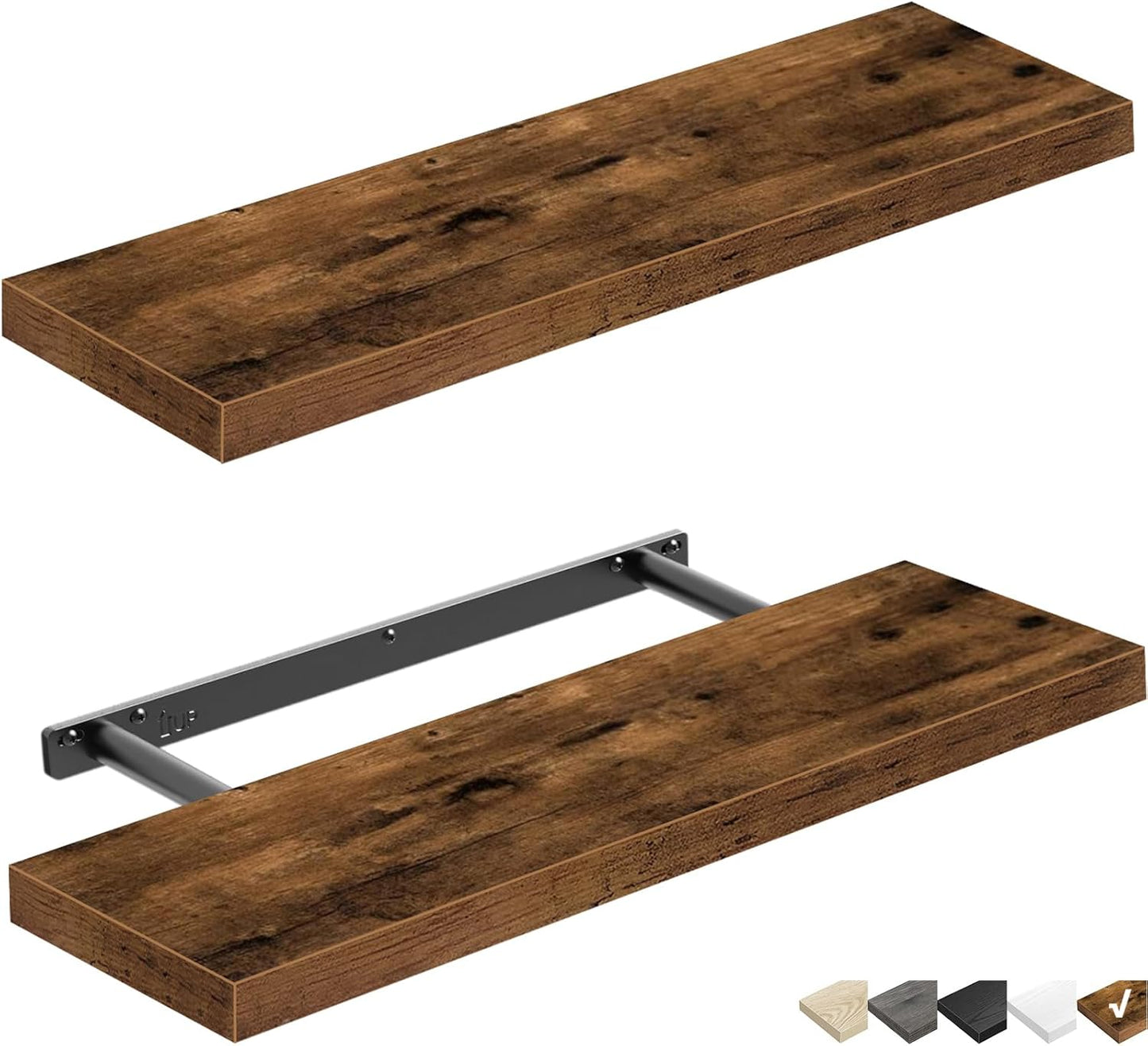 QEEIG Floating Shelves for Wall 23.6" Long - Wall Mounted Shelf Bathroom Kitchen Living Room Bedroom Farmhouse Home Decor Display Bookshelf Large 23.6 x 9.3 inch Set of 2, Rustic Brown (008-60BN)