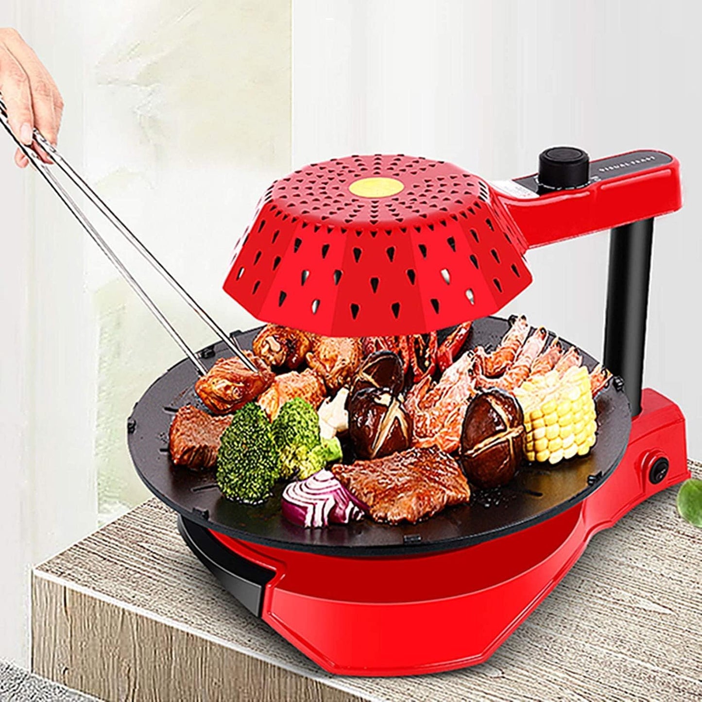 Safety Certification 1390W Electric BBQ Grill Health Barbecue Grill Automatic Rotation Korean Non Stick Pan Plate Infrared Smokeless Grill for BBQ Party Black