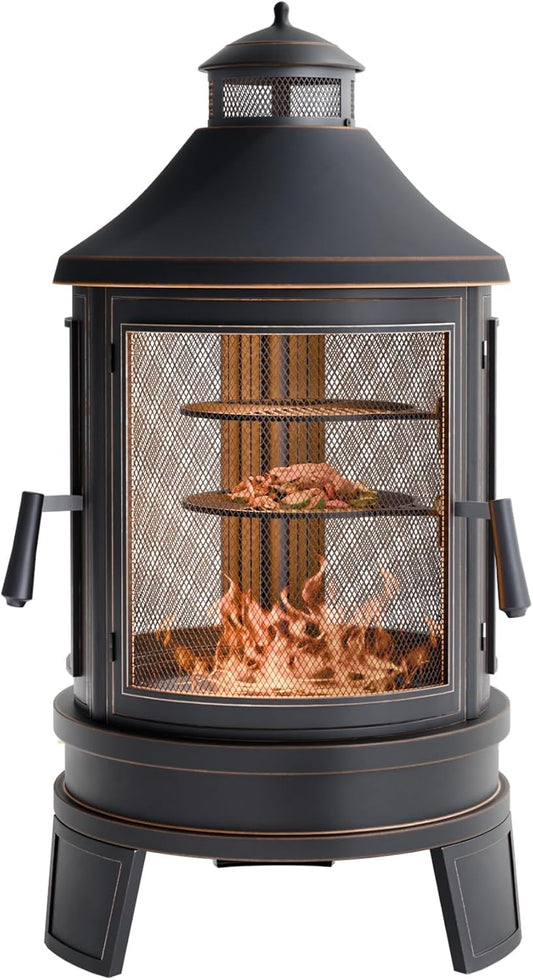 Metal Outdoor Fire Pit for Outside Wood Burning，24 Inch Chiminea Outdoor Fireplace with Adjustable Grill Tray, Spark Screen Door & Fire Poker, for Patio, Garden, Backyard