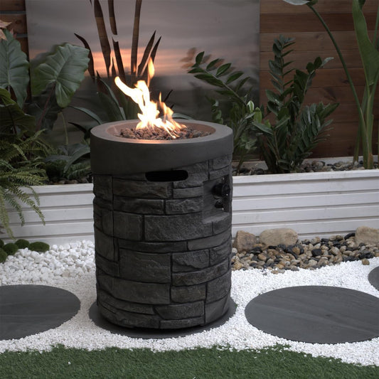 20-inch Round Outdoor Gas Fire Pit, 32,000 BTU CSA Certified, Stone Gray Cultured Stone Finish, Includes Lava Rocks & Waterproof Cover for Patio Garden