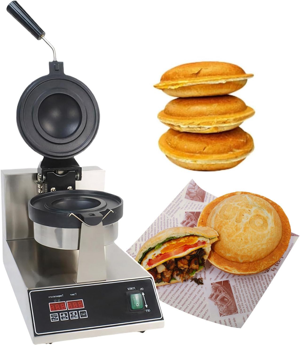Commercial Stainless Steel Burger Maker, Burger Waffle Maker with 5-Min Timer, 50-300℃ Temp Control, For Ice Cream Filled Burgers, Panini & Sandwiches