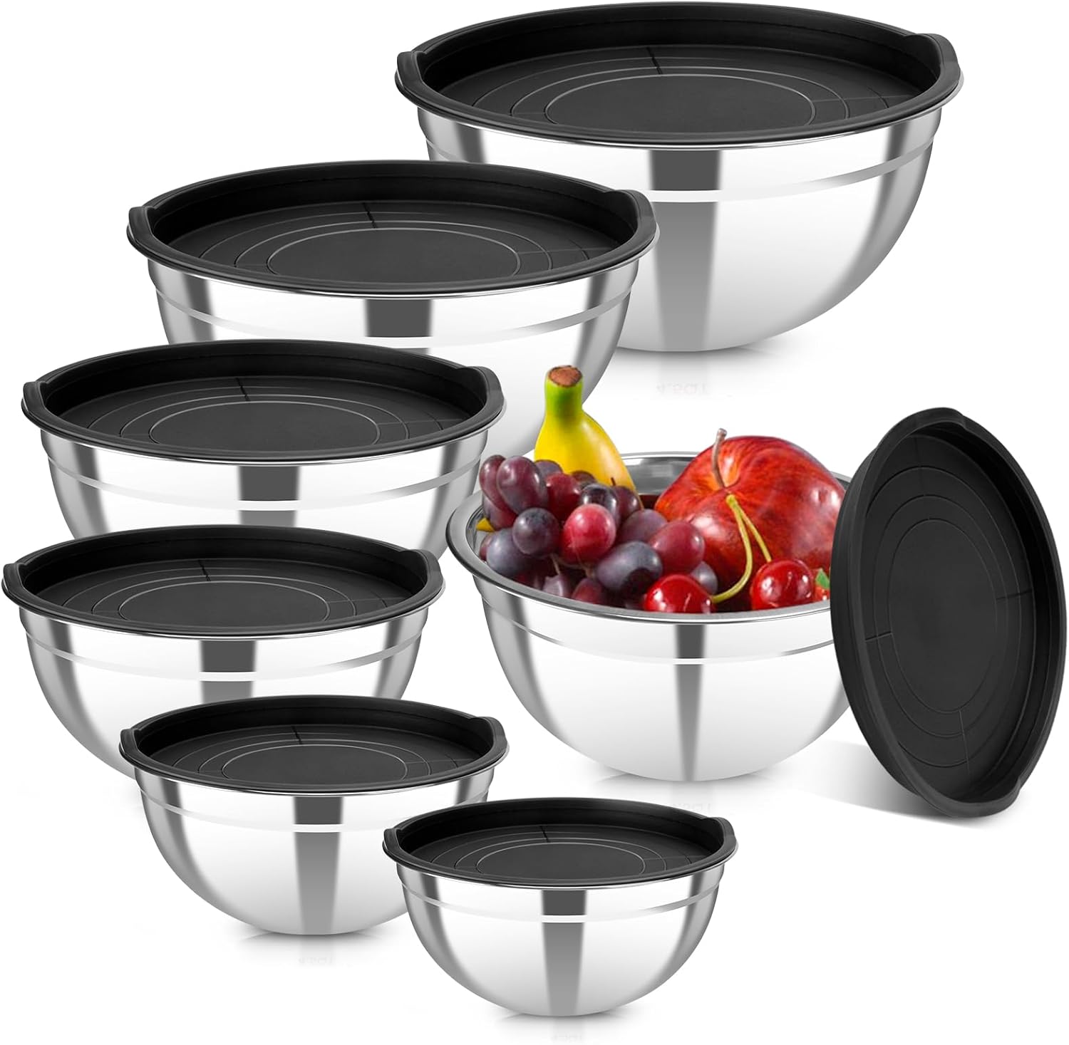 7 Piece Stainless Steel Mixing Bowls with Lids Set, Metal Mixing Bowls Nesting Design Salad Bowl for Kitchen Cooking, Baking, Prepping and Serving Food (Size 0.7, 1.1, 1.5, 2.1, 3.5, 4, 4.5QT)