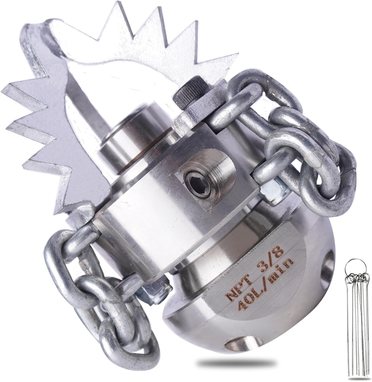 3/8 NPT Sewer Jetter Rotating Nozzle - Cutting Roots, for 2900 psi, 40L/Min (10.57GPM) Pressure Washers, Stainless Steel Drain Cleaning Tool, For household sewers, commercial pipelines