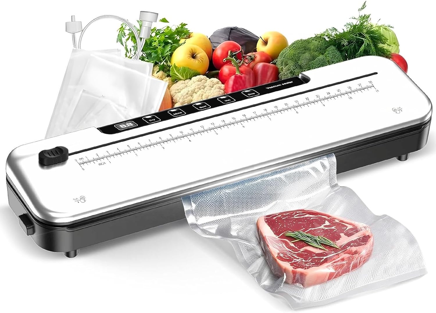 Vacuum Sealer Machine for Food Preservation, 6-in-1 Food Sealer for Freshness Storage, 75kpa Compact Vacuum Sealing Machine with External Sliding Blade, Digital Countdown Timer Black，Silver