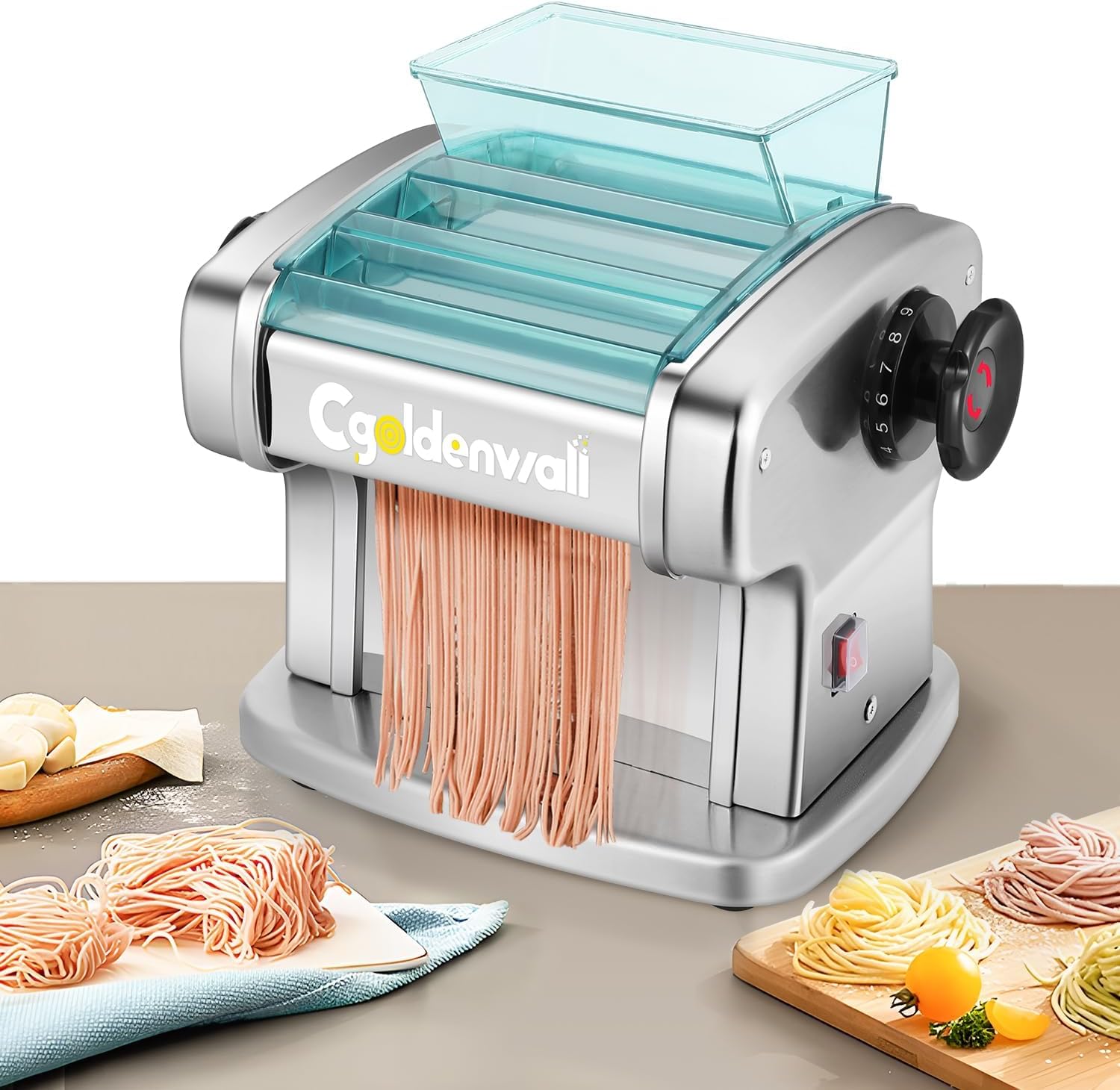 CGOLDENWALL Electric Pasta Making Machine Household Fresh Noodle Maker Stainless Steel with 2.5mm Round, 4mm Flat Blades, 9 Adjustable Thickness Grades for Noodles/Spaghetti/Lasagne/Ravioli
