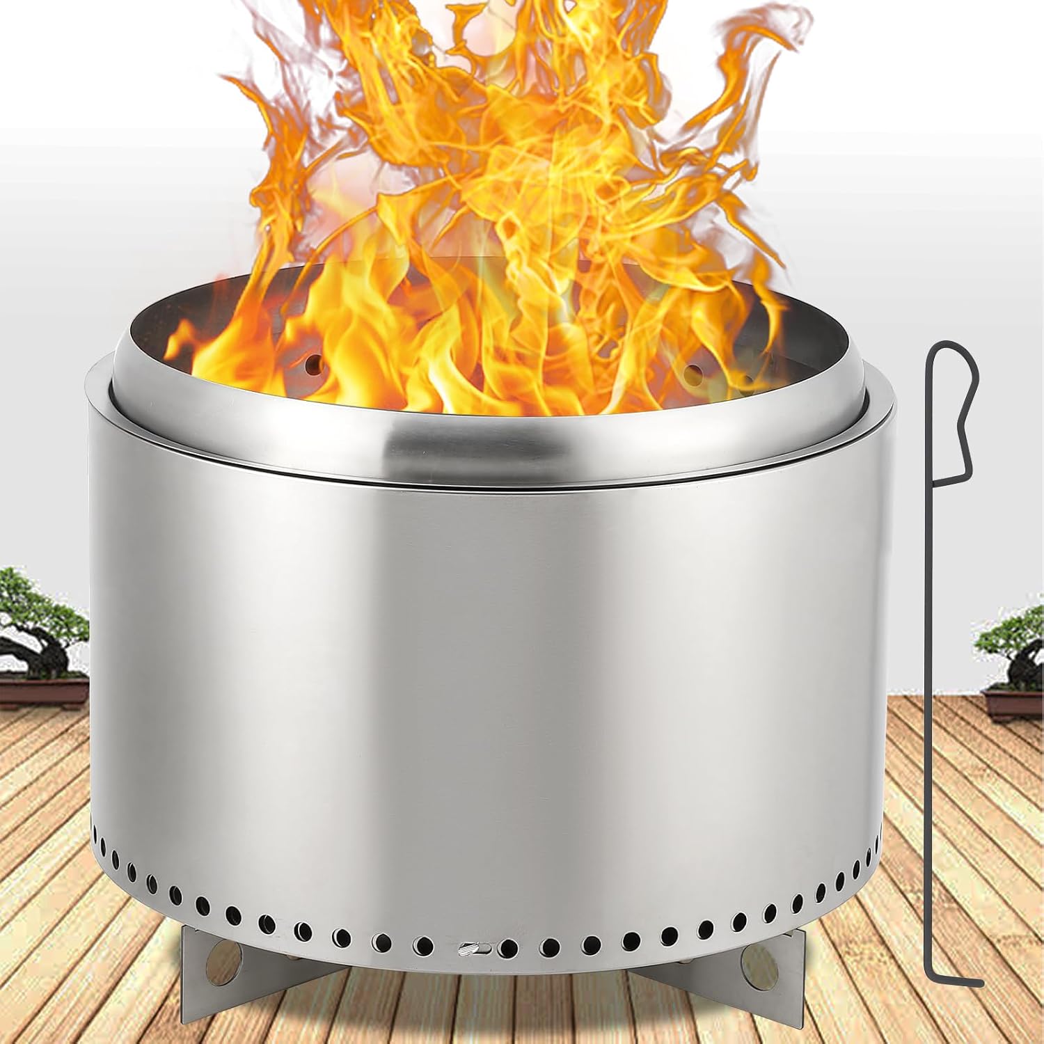 20 Inch Smokeless Outdoor Fire Pit, Burning Wood, Particles,Coal, Removable Stand and Ash Pan, Stainless Steel Firepit for Bonfire, Camping, Picnic, Family Gatherings for Garden