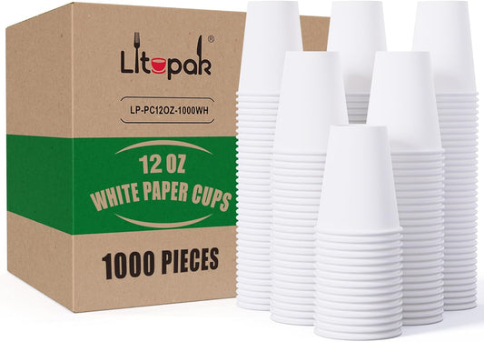 LITOPAK 1000 pack Paper Cup 12 oz, Bulk White Paper Cups, Disposable Hot Paper Coffee Cups for Offices, Schools, Shops, Restaurants