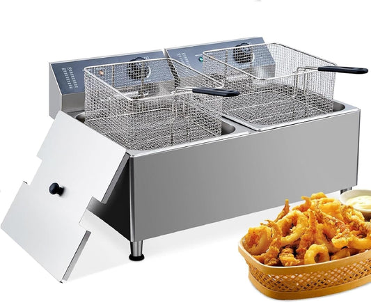 Dual 11 L\/3.3 gal Commercial Deep Fryer 3400W,120V |Twin Adjustable 6 L Baskets with 201 Stainless Steel, Oil Filtration & Splash Guard for High-Volume Restaurant, Food Truck, Catering Service