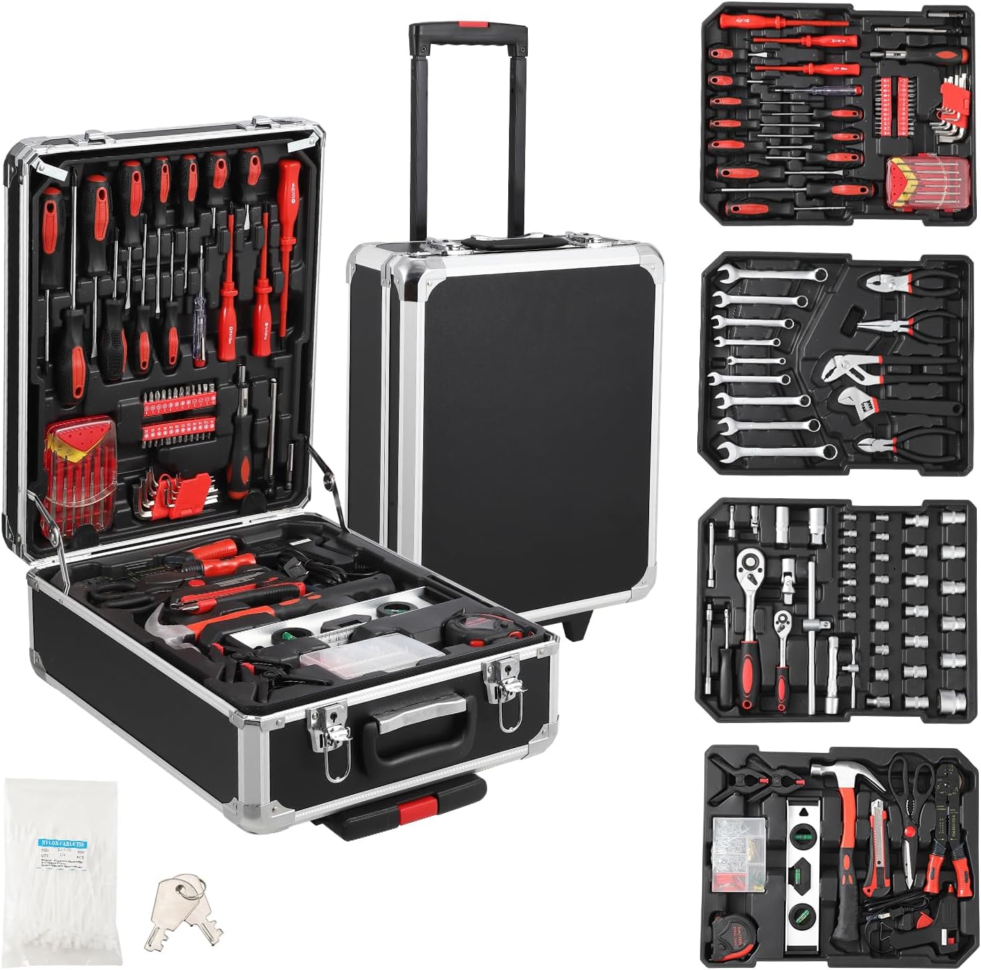 Home Tool Set Kit, 800-Piece Professional Auto Repair Tool Kit with Rolling Tool Box, General Household Mechanic Tool Sets with Aluminum Trolley Case for Homeowner, Diyer, Handyman