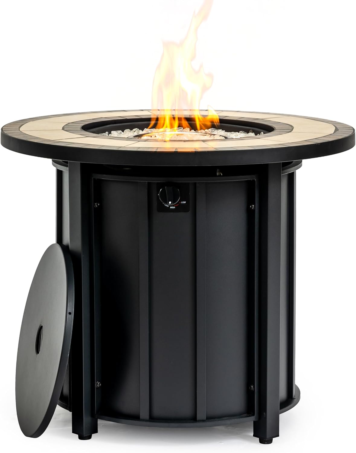30 Inch Round Steel Fire Pit Table with Mosaic Ceramic Top, Black Finish Propane Fire Table Features 50,000 BTU Output and All-Weather Construction for Patio and Garden Use