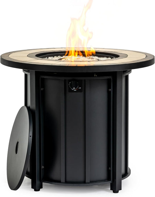 30 Inch Round Steel Fire Pit Table with Mosaic Ceramic Top, Black Finish Propane Fire Table Features 50,000 BTU Output and All-Weather Construction for Patio and Garden Use