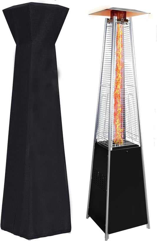 48,000 BTU Outdoor Propane Patio Heater, Stainless Steel Pyramid Flame Heater with Wheels & Cover, Ideal for Garden, Poolside, Restaurant, or Home Use (Black)