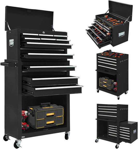 SONLMIK 13-Drawer Rolling Tool Chest with Wheels, 2-1 Detachable Tool Chest with Drawers, Metal Tool Box with Lock, Large Tool Cabinet for Garage Workshop (Black)