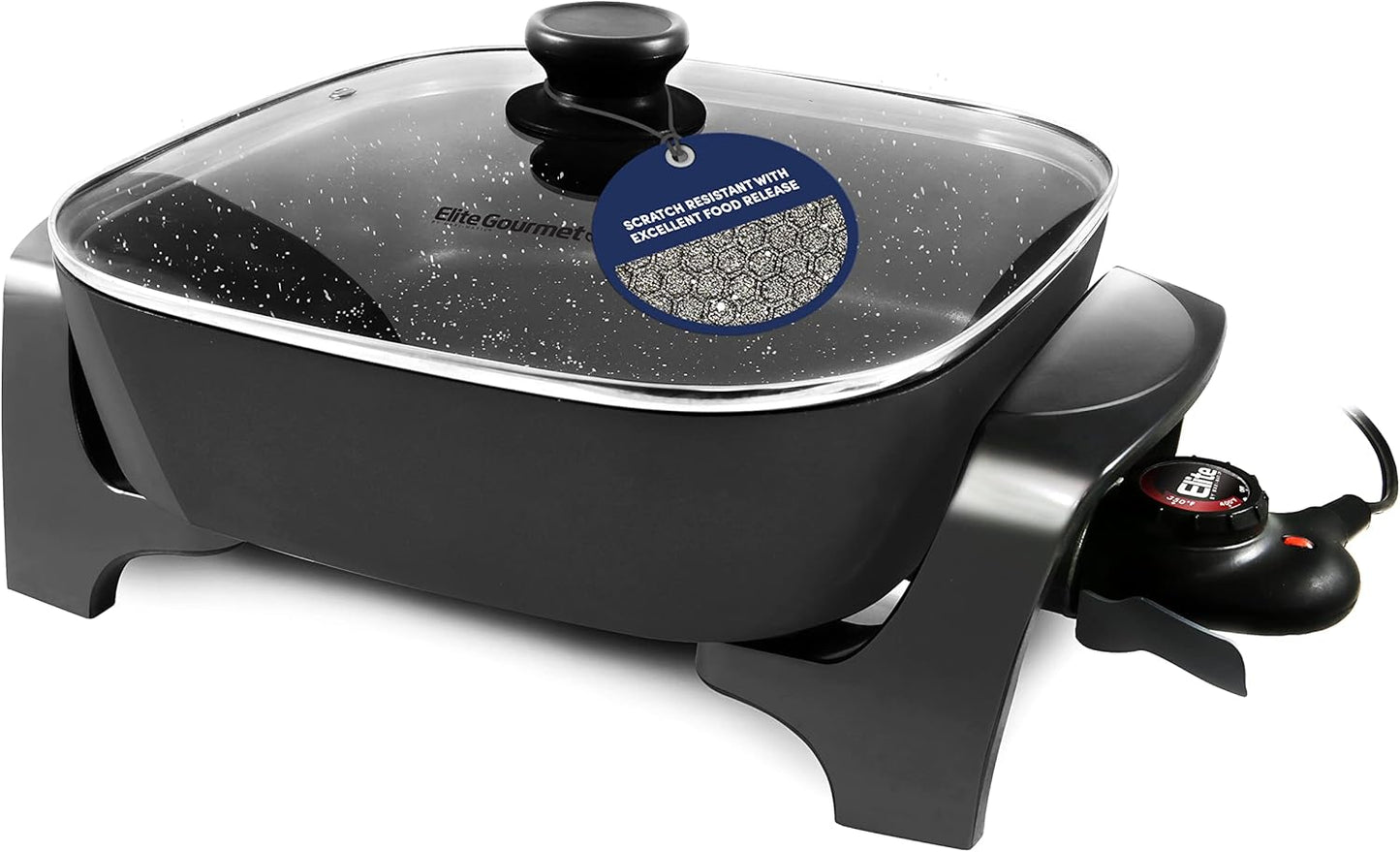 Elite Gourmet EG6201 Extra Deep 12"x12"x3.2" (7.5Qt.) Scratch Resistant Dishwasher Safe, Non-stick Electric Skillet with Glass Vented Lid, Adjustable Temperature, Black