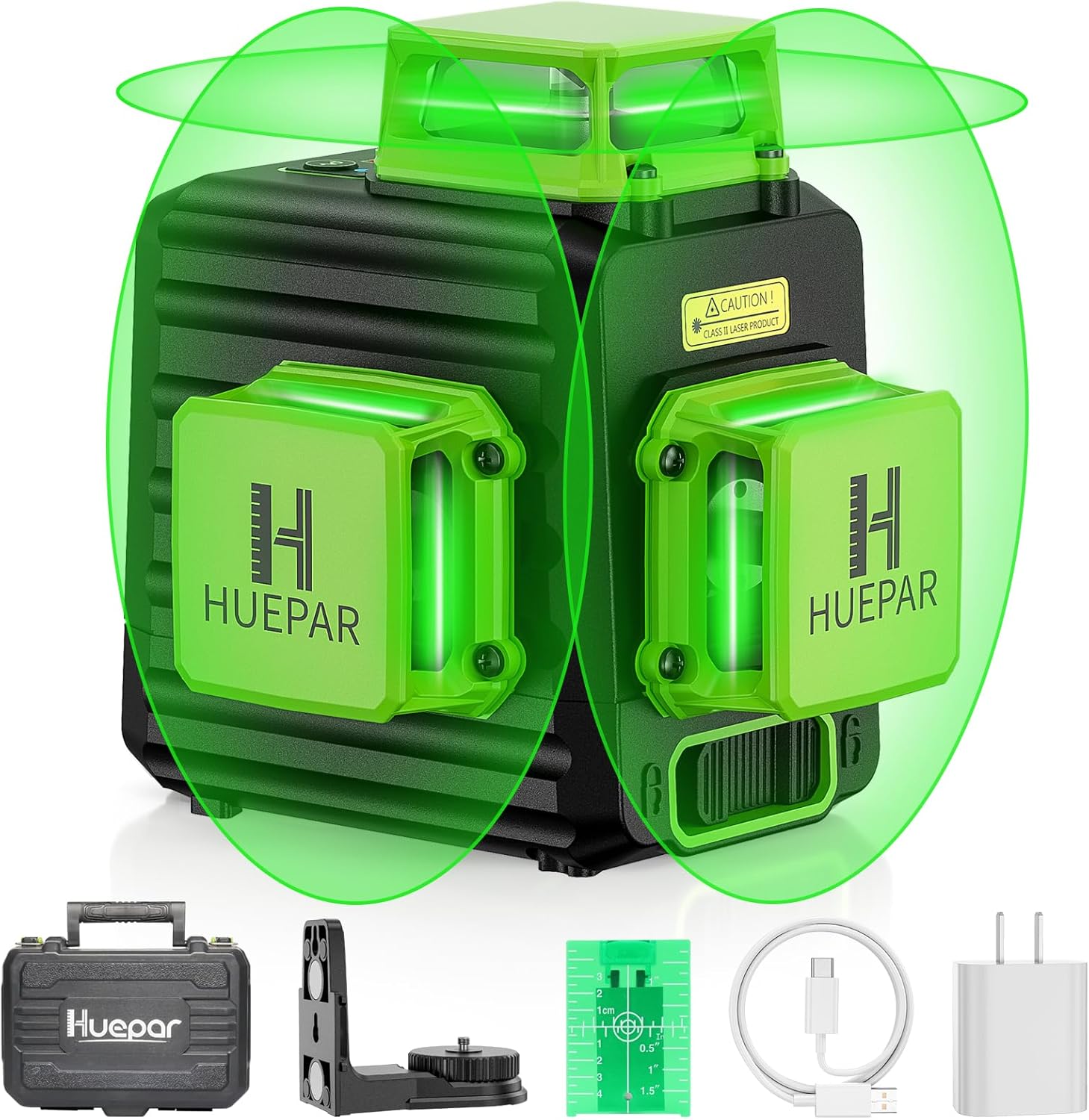 HUEPAR Laser Level 360 Self Leveling, Rechargeable 3D High Brightness Green Laser 3x360° Best Laser Leveler Tool for Construction and Picture Hanging, Strong Magnetic Bracket & Hard Suitcase -B03CG