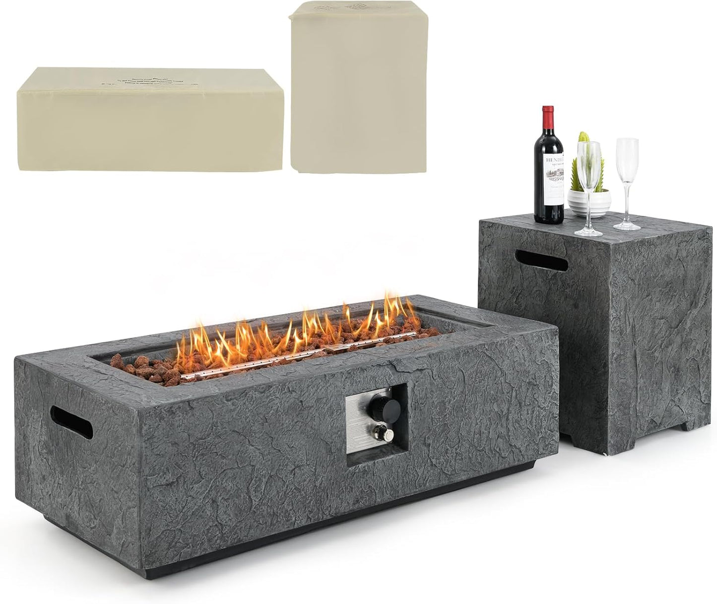 Happygrill 50,000 BTU Propane Fire Pit Table Set, 42.5" Rectangular Fire Table w/Tank Holder, Stainless Steel Burner, Lava Rocks, Simple Ignition, Protective Cover, Gas Fire Pits for Outside Patio