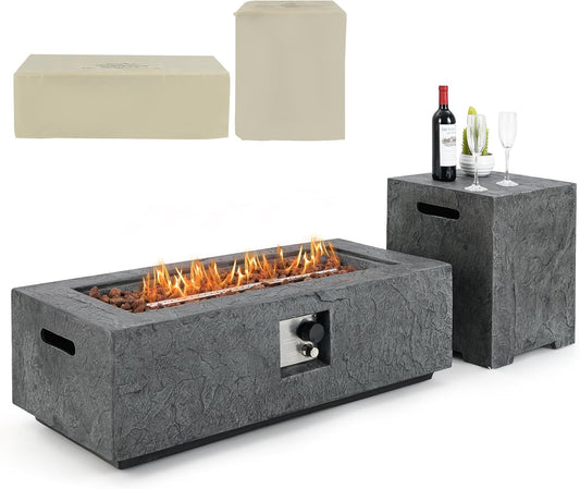 Happygrill 50,000 BTU Propane Fire Pit Table Set, 42.5" Rectangular Fire Table w/Tank Holder, Stainless Steel Burner, Lava Rocks, Simple Ignition, Protective Cover, Gas Fire Pits for Outside Patio