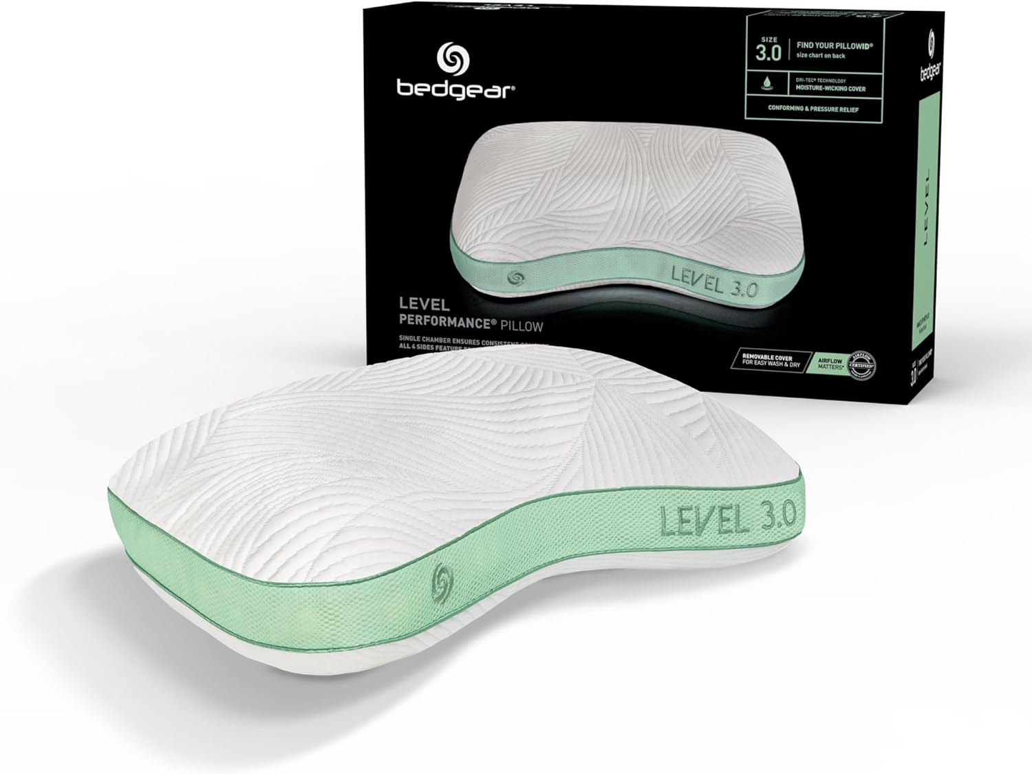 Bedgear Level Cuddle Performance Pillow - Firm Bed Pillow for Side Sleepers - Moisture Wicking Removable Cover - Size 3.0