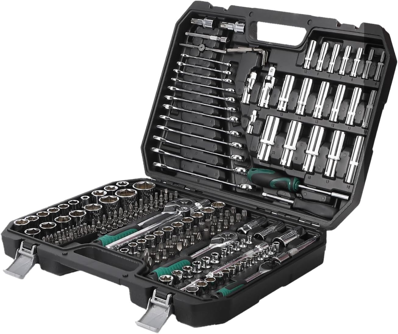 216-Piece Drive Ratchet and Socket Set with 72-Tooth Reversible Ratchet, Sockets, Universal Joint, and Extension Bars for Automotive Repair