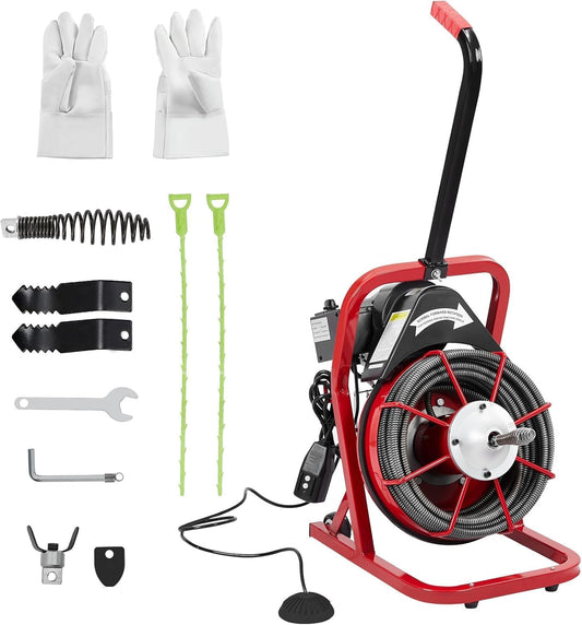 Electric 75FT Drain Cleaning Machine - 3/8 Inch 370W Sewer Snake Auger Cleaner Electric Clog Remover Plumbing Tool,Drain Machine 4 Cutter Blades, Air-Activated Foot Switch and Protective Gloves