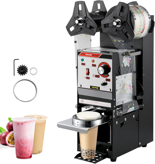 VEVOR Semi-automatic Cup Sealing Machine, 300-500 Cup/h Tea Cup Sealer Machine, Black Boba Cup Sealer Machine, 90/95mm Cup Diameter Boba Cup Sealing Machine with Control Panel for Bubble Milk Tea