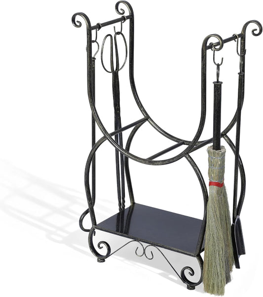 Metal Firewood Rack Set with 4 Fireplace Tools Fireside Wood Storage Organizer No Need To Install Black Copper Log Holder for Camping