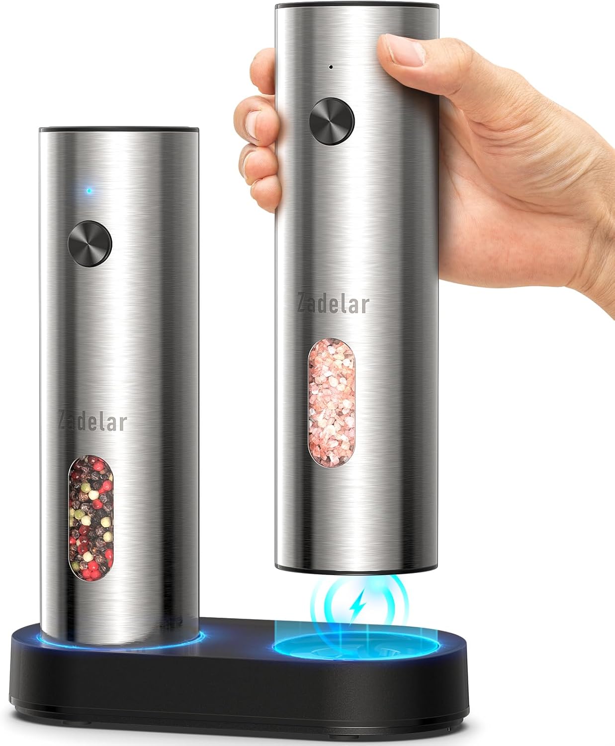 Salt and Pepper Grinder Set Electric,Rechargeable Salt and Pepper Shakers Stainless Steel with USB C Dual Charging Base,Upgraded Large Capacity,Adjustable Coarseness,LED Light,Ideal for Mom