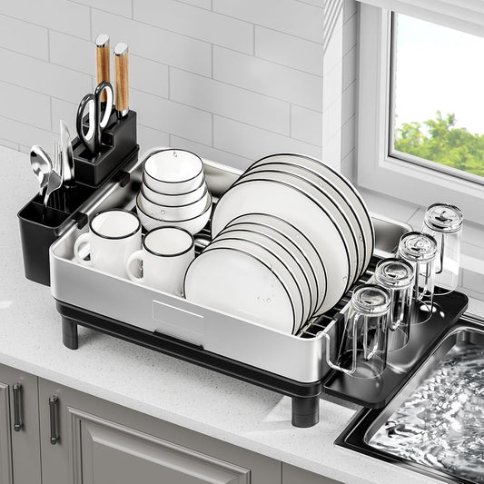 Ewaiira Dish Drying Rack, 304 Stainless Steel Dish Racks for Kitchen Counter, Dish Drainers with Automatic Drainage, Utensil Holder & Cups Holder, Space Saving Kitchen Organizer, Black