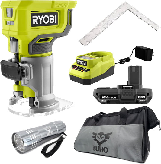Ryobi 18V Cordless Compact Router Kit Bundle with 2.0 Ah Battery, Charger, Steel Carpenter Square, Buho Tool Bag and Flashlight