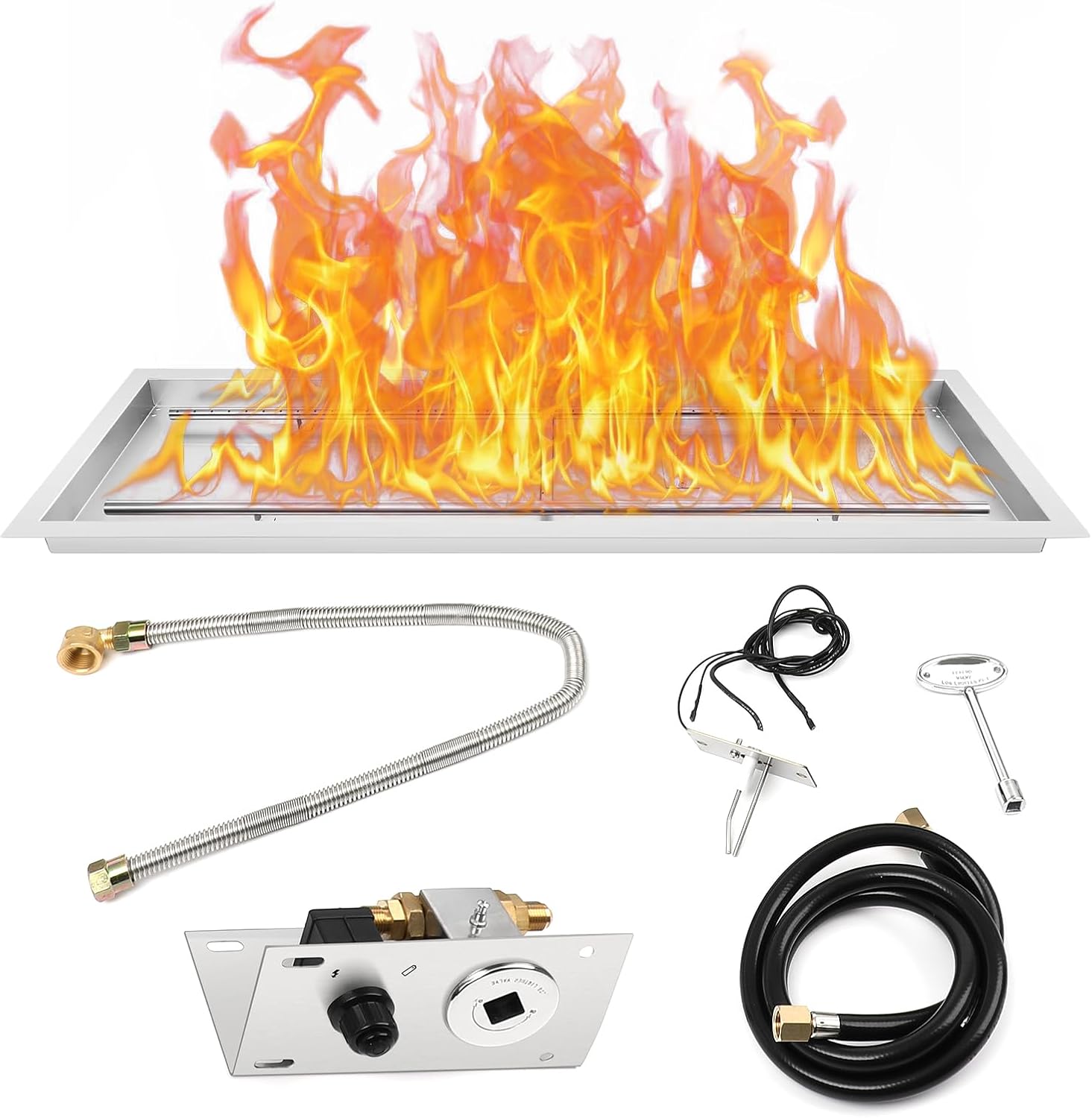 Dollate 48 inch Rectangular Drop-in Fire Pit Pan Kit, Stainless Steel H-Shape Burner with Pan, Spark Ignition Kit and Propane Hose Kit, Suitable for Indoor Outdoor Decoration