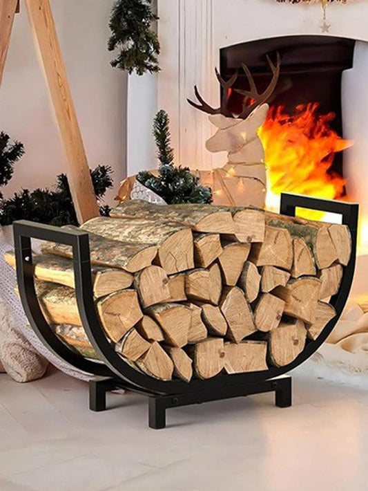 24-in Curved Firewood Rack, Indoor Outdoor Log Holder, Wide Steel Firewood Stand，Fireplace Log Holder Fire Wood Storage Racks